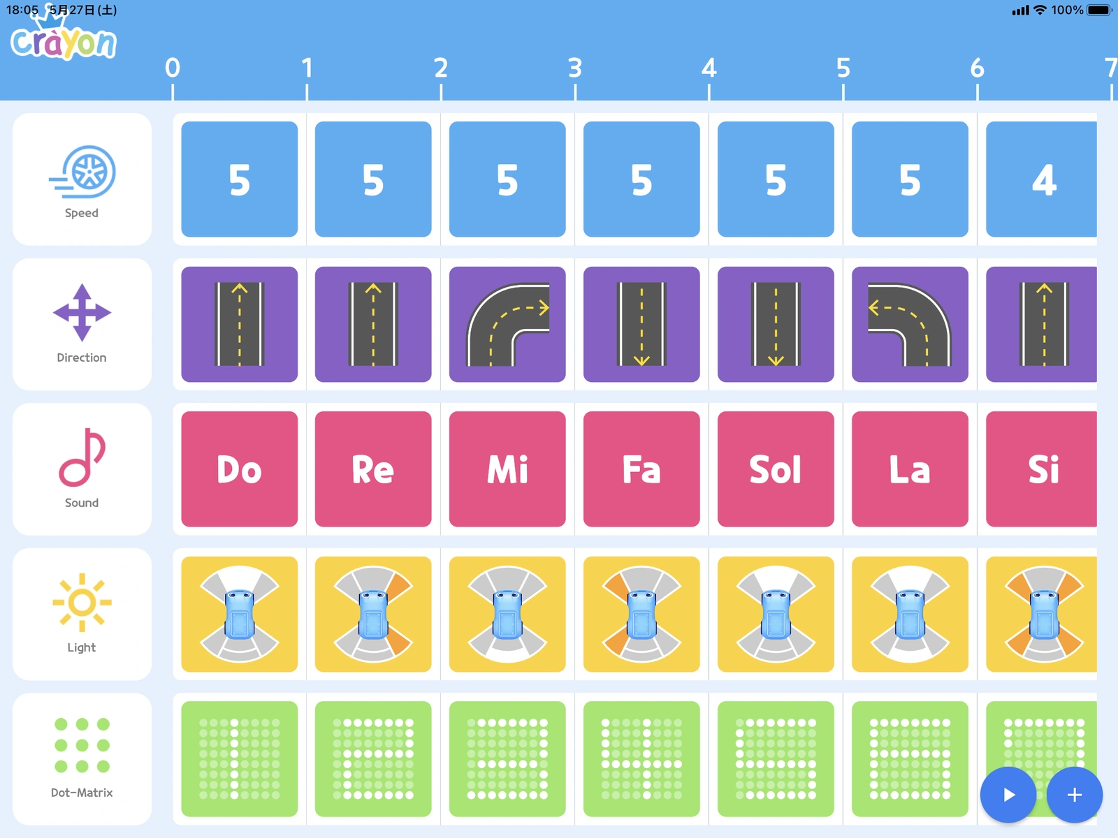 速度・方向・音・ライトなどを選んでALTINOを操作するCrayonの日本語画面