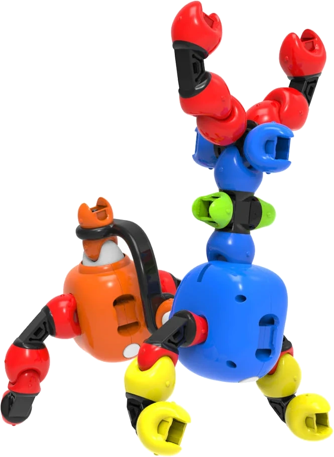 赤・青・黄・緑のブロックと動作ユニットを組み合わせたTimbo Robotの動物型作品